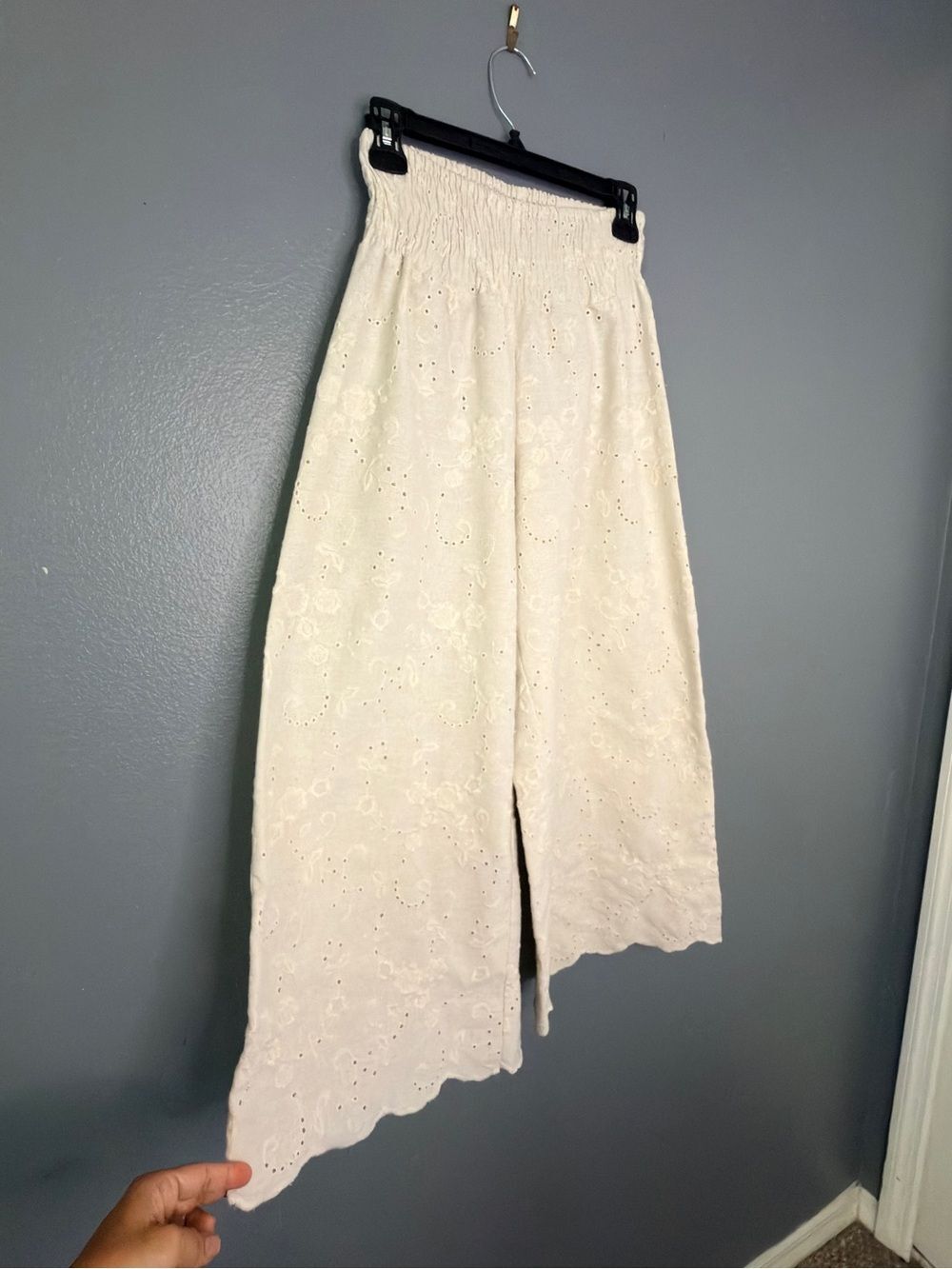Cream Eyelet Wide Leg Pant with Smocked Waist Boho Cottage Small to Medium